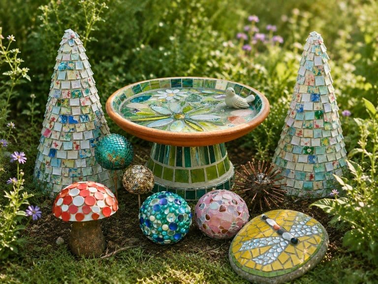 Stunning Garden Sculpt & Art workshop at Teach Me Courses in New Romney featuring handmade mosaic birdbath, garden orbs, sculptures and decorative outdoor art.
