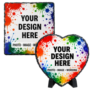 Personalised photo slates in heart and square shapes with custom photo, image or wording