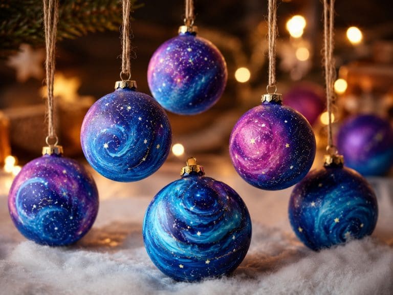 Handmade galaxy Christmas baubles with swirling cosmic colours created at Teach Me Courses in New Romney, Kent.