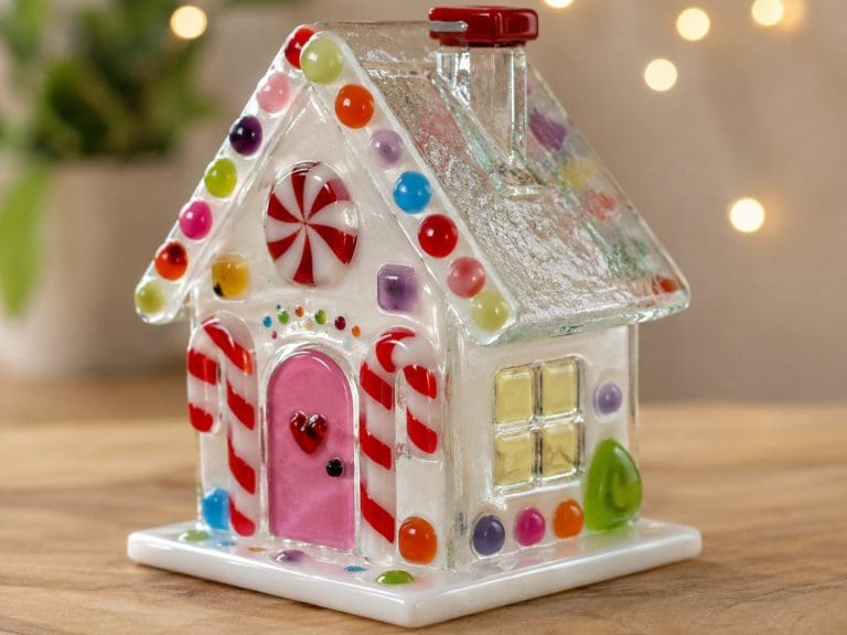 Handmade 3D fused glass candy house with colourful festive decorations created at Teach Me Courses in New Romney, Kent.