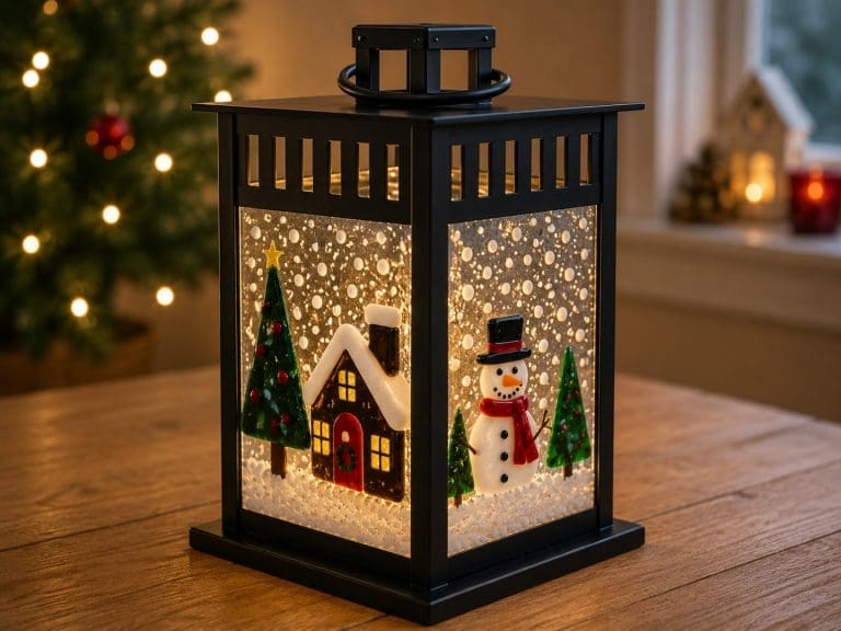 Black lantern featuring handmade fused glass Christmas scenes created at Teach Me Courses in New Romney, Kent.