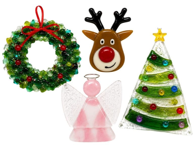 Selection of fused glass Christmas decorations including a wreath, Christmas tree, reindeer and angel available to make at Teach Me Courses in New Romney.