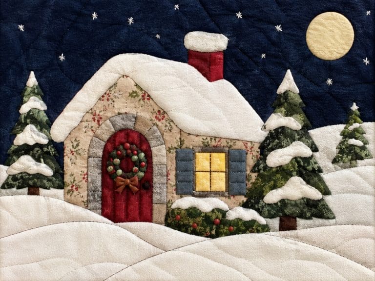 Christmas house Kinusaiga fabric artwork created at Teach Me Courses in New Romney, Kent.