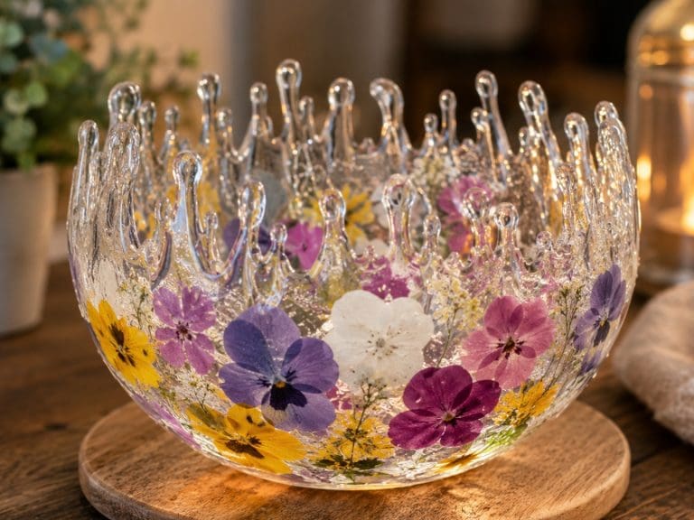Handmade resin balloon bowl decorated with pressed flowers at Teach Me Courses in New Romney, Kent.