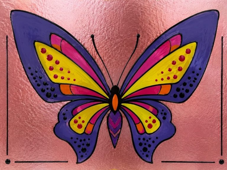 Colourful butterfly reverse glass painting with bling created at Teach Me Courses in New Romney, Kent.