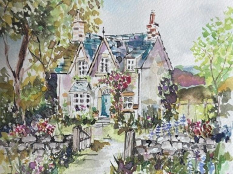 Watercolour painting of a charming country cottage surrounded by colourful cottage garden flowers and mature trees.