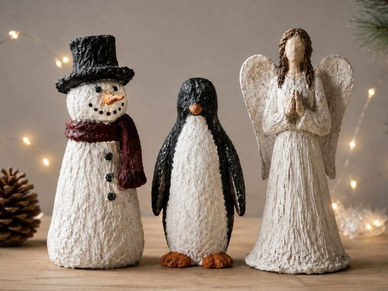 Handmade winter sculptures including a snowman, penguin, angel and fairy created at Teach Me Courses in New Romney, Kent.