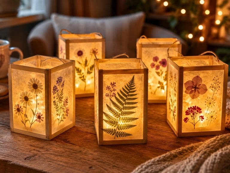Handmade illuminated tea bag lanterns decorated with pressed flowers displayed in a cosy setting at Teach Me Courses in New Romney, Kent.