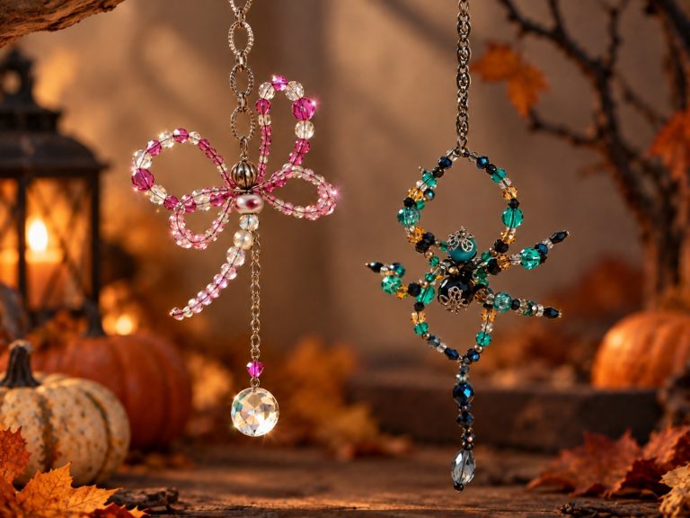 Pink beaded dragonfly and green bejewelled spider hanging decorations displayed against a warm autumn background for a creative beadwork workshop.