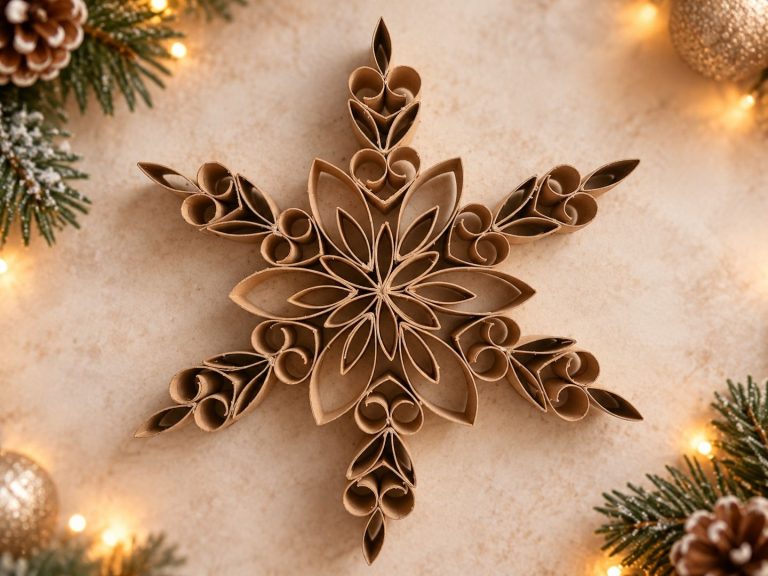 Handmade Christmas snowflake created from upcycled cardboard tubes, displayed on a festive background with warm fairy lights.